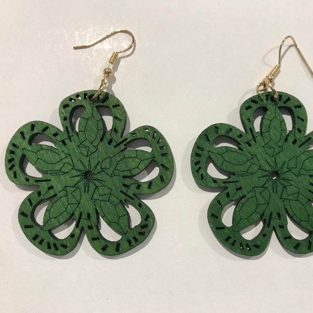 Lazer Cut Wooden Floral Shaped Green Dangle Earrings.